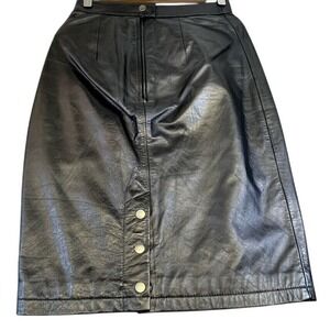 G-III Women Leather Pencil Skirt Black Button Front VTG Midi Lined‎ Korea 9/10